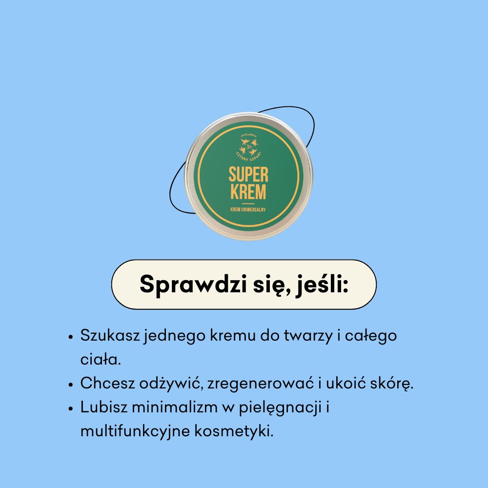 Superkrem infografika sprawdzi się jeśli: szukasz jednego kremu do twarzy i całego ciała, chcesz odżywić skórę, lubisz minimalizm w pielęgnacji