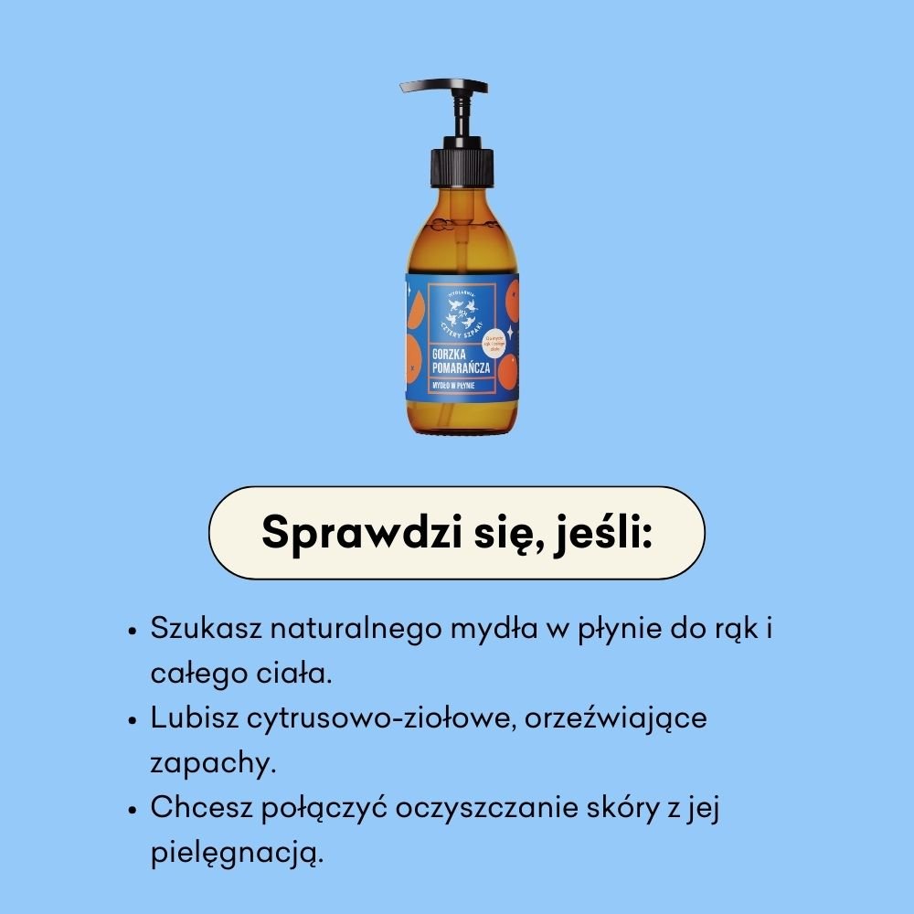 Butelka mydła w płynie z napisem „Gorzka Pomarańcza” z dozownikiem pompką ustawiona jest na jasnoniebieskim tle. Z poniższego tekstu wynika, że ​​jest to odpowiednie rozwiązanie, jeśli szukasz naturalnego mydła w płynie do rąk i ciała, lubisz cytrusowo-zi