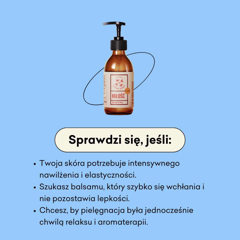 Butelka balsamu z pompką z napisem Miłość jest wyświetlana nad trzema wypunktowaniami w języku polskim, wymieniającymi powody stosowania produktu, na jasnoniebieskim tle.