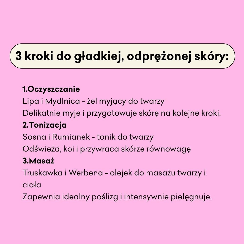 3 kroki do gładkiej, odprężonej skóry: 1. Oczyszczanie - Lipa i Mydlnica żel myjący, 2. Tonizacja - Sosna i Rumienek, 3. Masaż - Truskawka i Werbena olejek do masażu. 