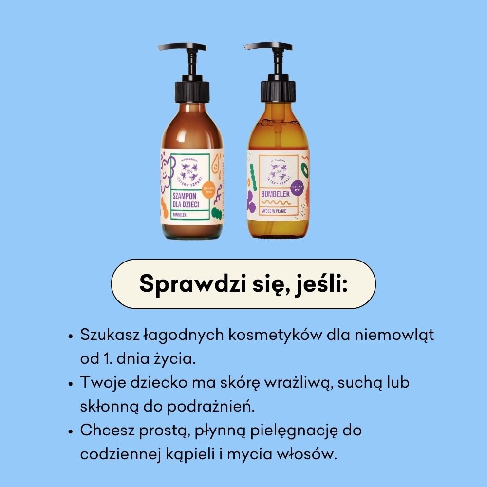 Zestaw Bombelek sprawdzi się, jeśli szukasz łagodnych kosmetyków dla niemowląt od 1. dnia życia. 