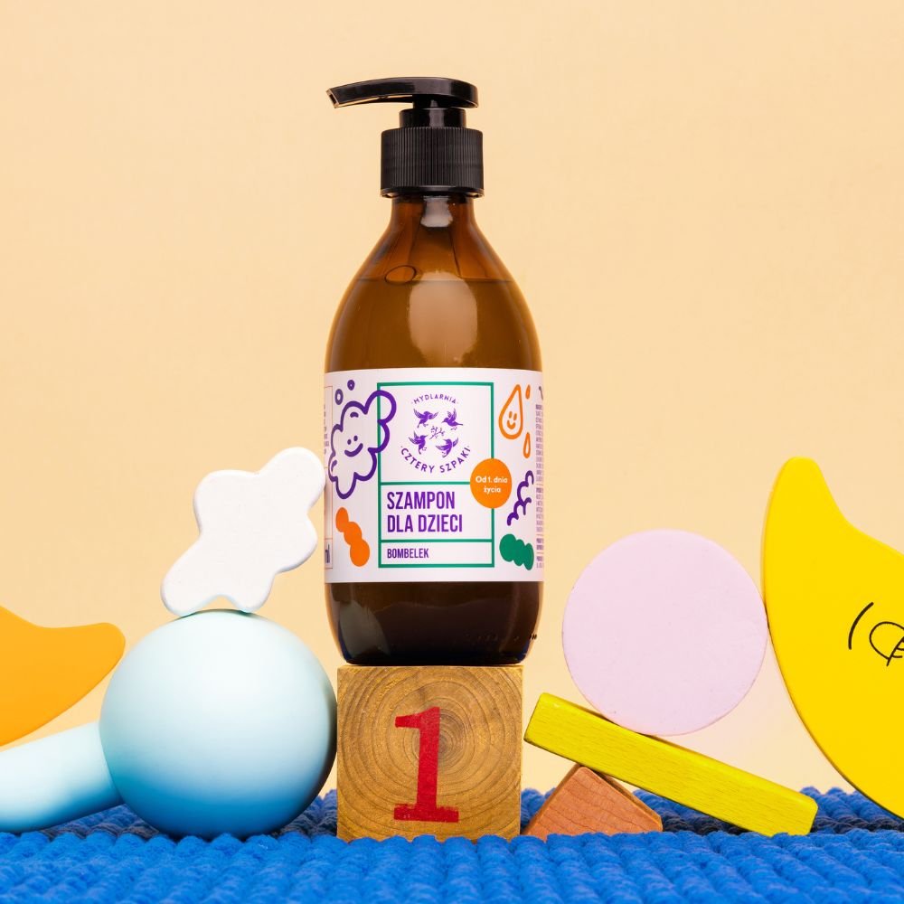 Szampon dla dzieci w płynie Bombelek. Od 1. dnia życia. Szklana butelka z pompką. 