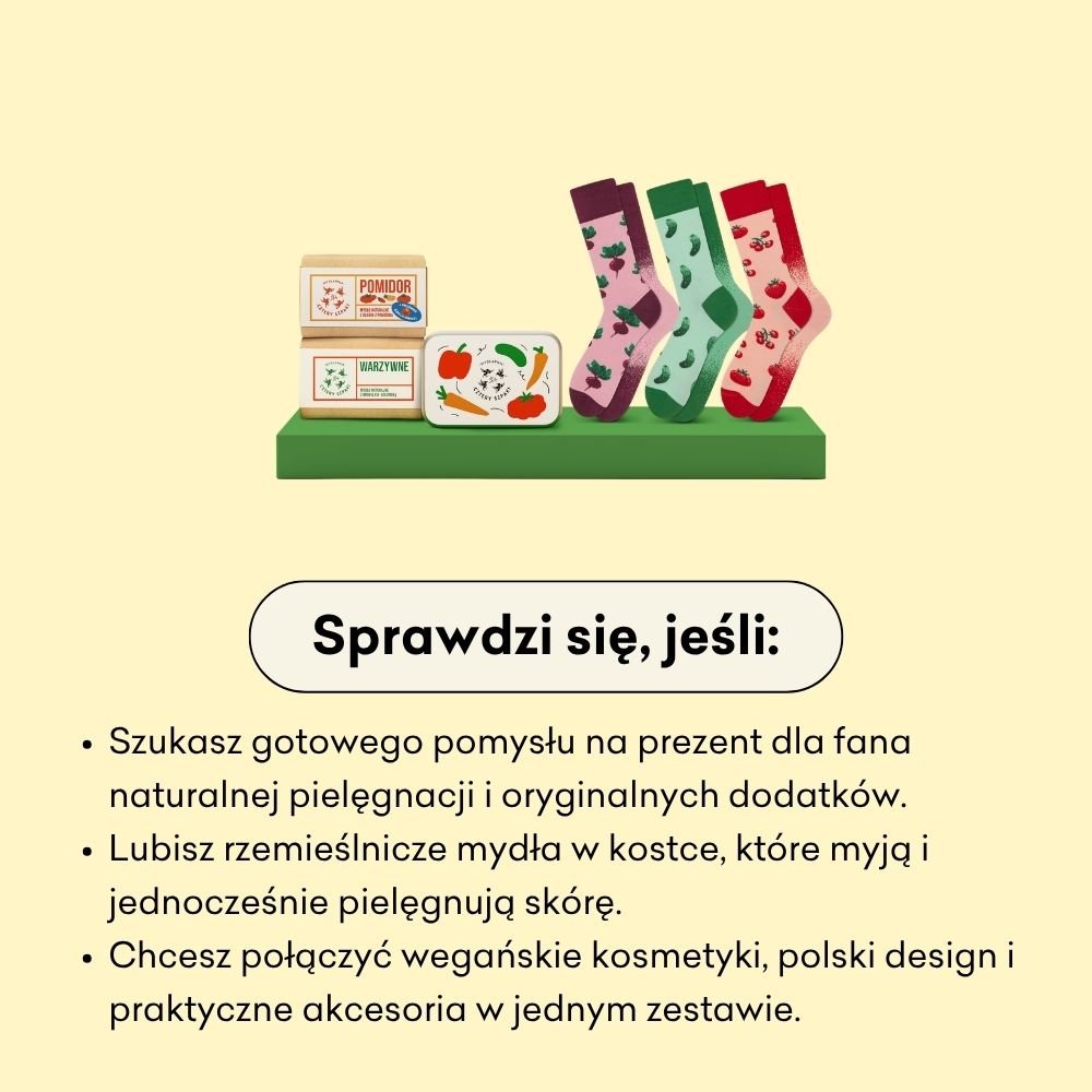 Zestaw Veggies sprawdzi się, jeśli szukasz gotowego pomysłu na prezent dla fana naturalnej pielęgnacji i oryginalnych dodatków. 