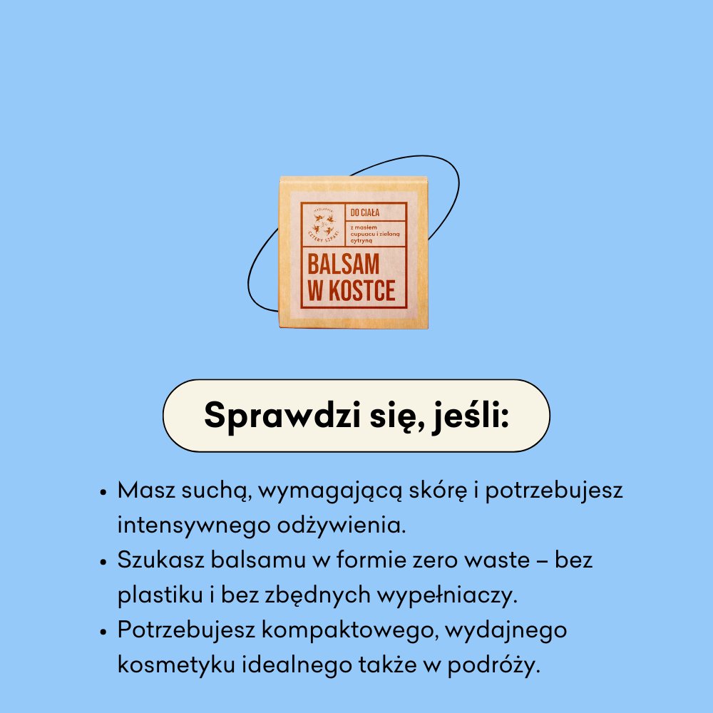 Naturalny balsam do ciała w kostce z masłem cupuaçu i zieloną cytryną, sprawdzi się jeśli masz suchą, wymagającą skórę i potrzebujesz intensywnego odżywienia.