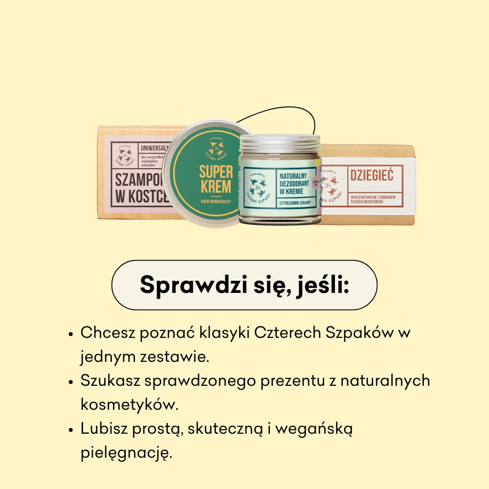 Zestaw Bestsellerowy infografika sprawdzi się jeśli: chcesz poznać klasyki Czterech Szpaków, szukasz sprawdzonego prezentu z naturalnych kosmetyków, lubisz prostą, skuteczną i wegańską pielęgnację.