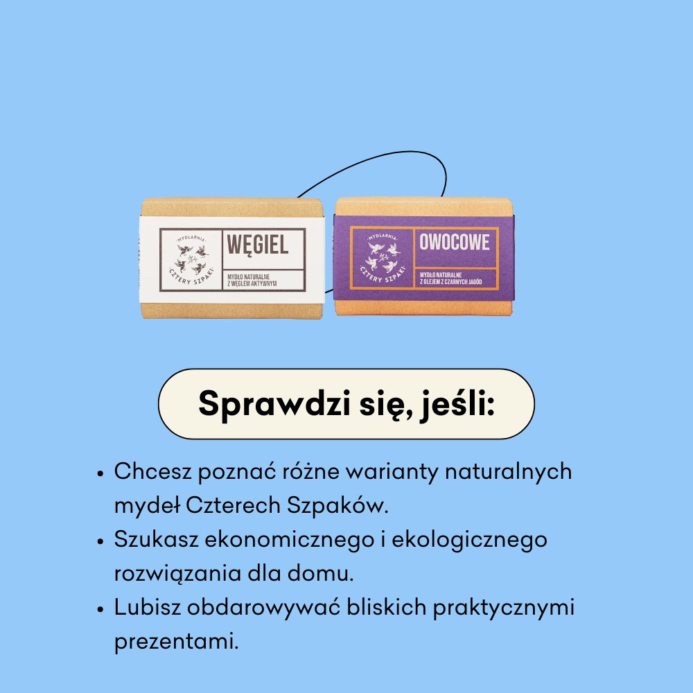 Mydła w kostce infografika sprawdzi się jeśli: chcesz poznać różne warianty naturalnych mydeł Czterech Szpaków, szukasz ekonomicznego i ekologicznego rozwiązania dla domu, lubisz obdarowywać bliskich praktycznymi prezentami.