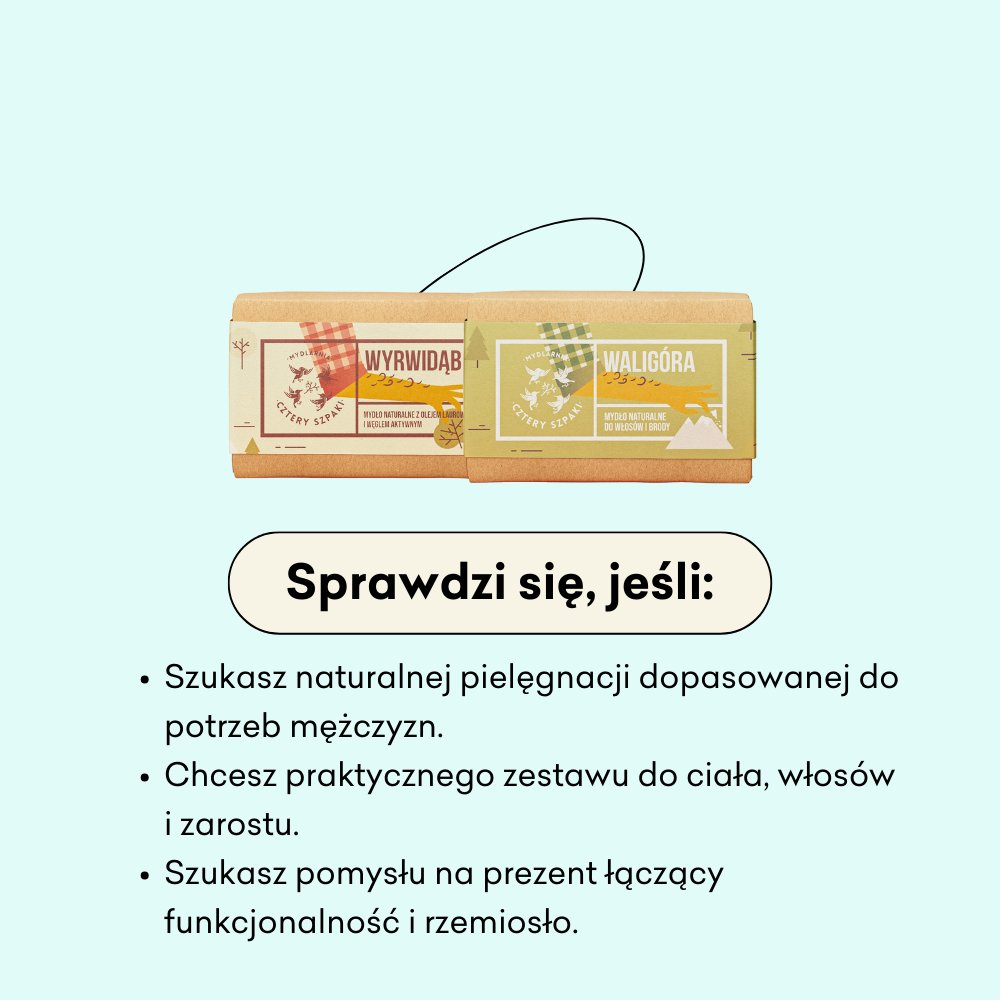 Mężny Duet: Wyrwidąb i Waligóra - zestaw naturalnych mydeł, sprawdzi się jeśli szukasz naturalnej pielęgnacji dopasowanej do potrzeb mężczyzn.