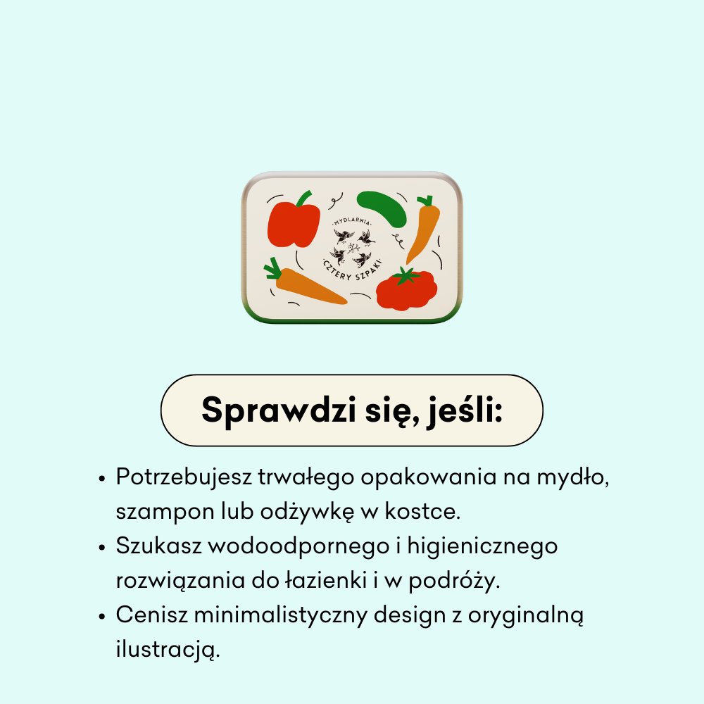 Minimalistyczna ilustracja blaszanego pojemnika z kolorowymi warzywami, m.in. czerwoną papryką, marchewką, ogórkiem i pomidorem, z napisem „Mydlarnia Cztery Szpaki” pośrodku. Poniżej tekst w języku polskim podkreśla przydatność pojemnika do przechowywania