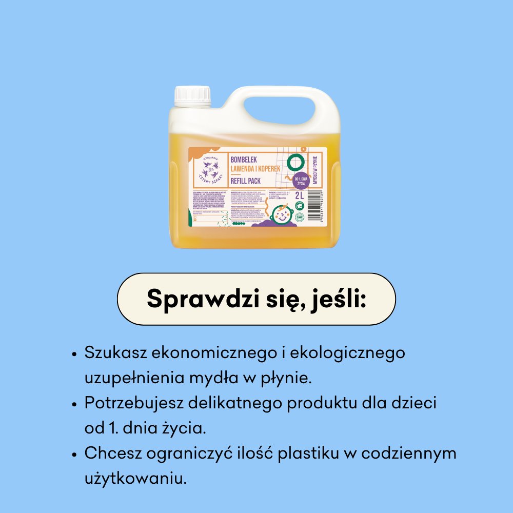 Mydło w płynie Bombelek w refill pack sprawdzi się, jeśli szukasz ekonomicznego i ekologicznego uzupełnienia mydła w płynie.