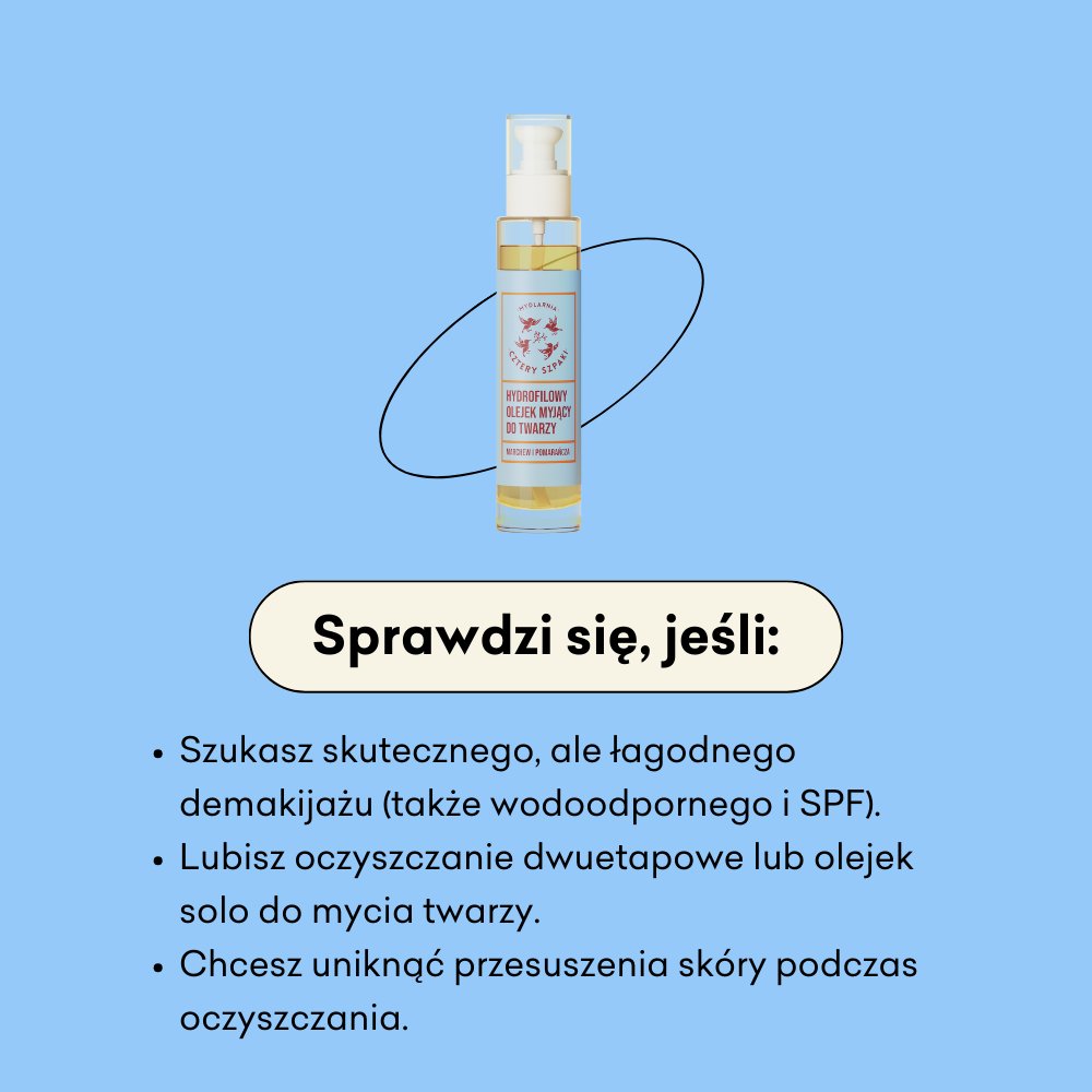 Hydrofilowy olejek myjący do twarzy Marchew i Pomarańcza infografika sprawdzi się jeśli: szukasz skutecznego, ale łagodnego demakijażu (także wodoodpornego i SPF), lubisz oczyszczanie dwuetapowe lub olejek solo do mycia twarzy, chcesz uniknąć przesuszenia