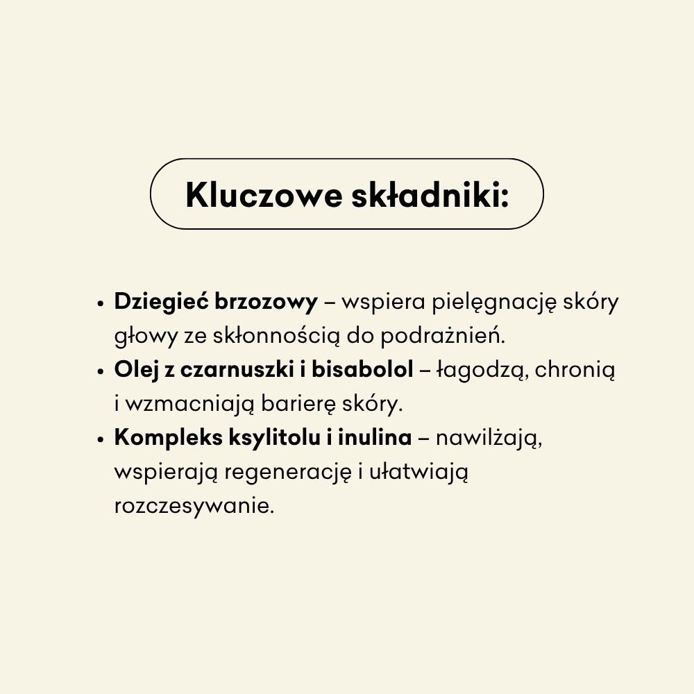 Szampon dziegciowy w kostce składniki: dziegieć brzozowy, olej z czarnuszki i bisabolol, kompleks ksylitolu i inulina.