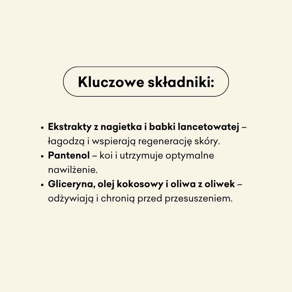Mydło w płynie Bombelek kluczowe składniki: ekstrakt z nagietka i babki lancetowatej, pantenol, gliceryna i oliwa z oliwek. 