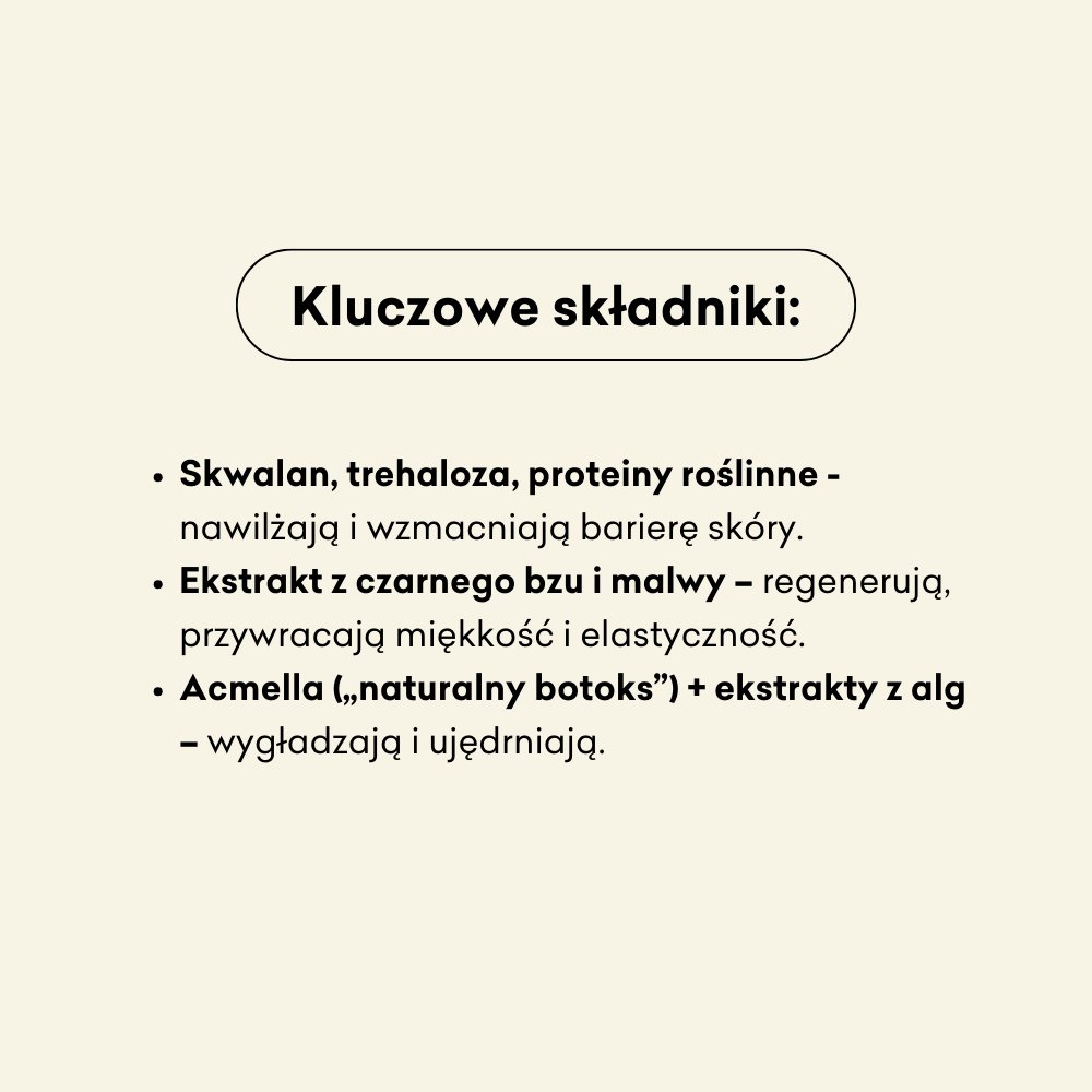 Czarny Bez i Malwa - wygładzająca maseczka do twarzy, składniki: skwalan, trehaloza, proteiny roślinne, ekstrakt z czarnego bzu i malwy, acmella, ekstrakty z alg.