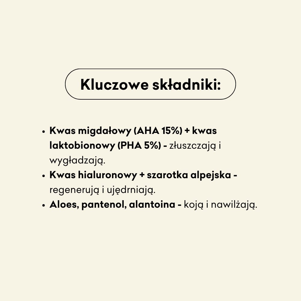 Serum kwasowe do twarzy Szarotka Alpejska infografika kluczowe składniki: kwas migdałowy (AHA15%), kwas laktobionowy (PHA5%), kwas hialuronowy, szarotka alpeijska, aloes, pantenol, alantoina