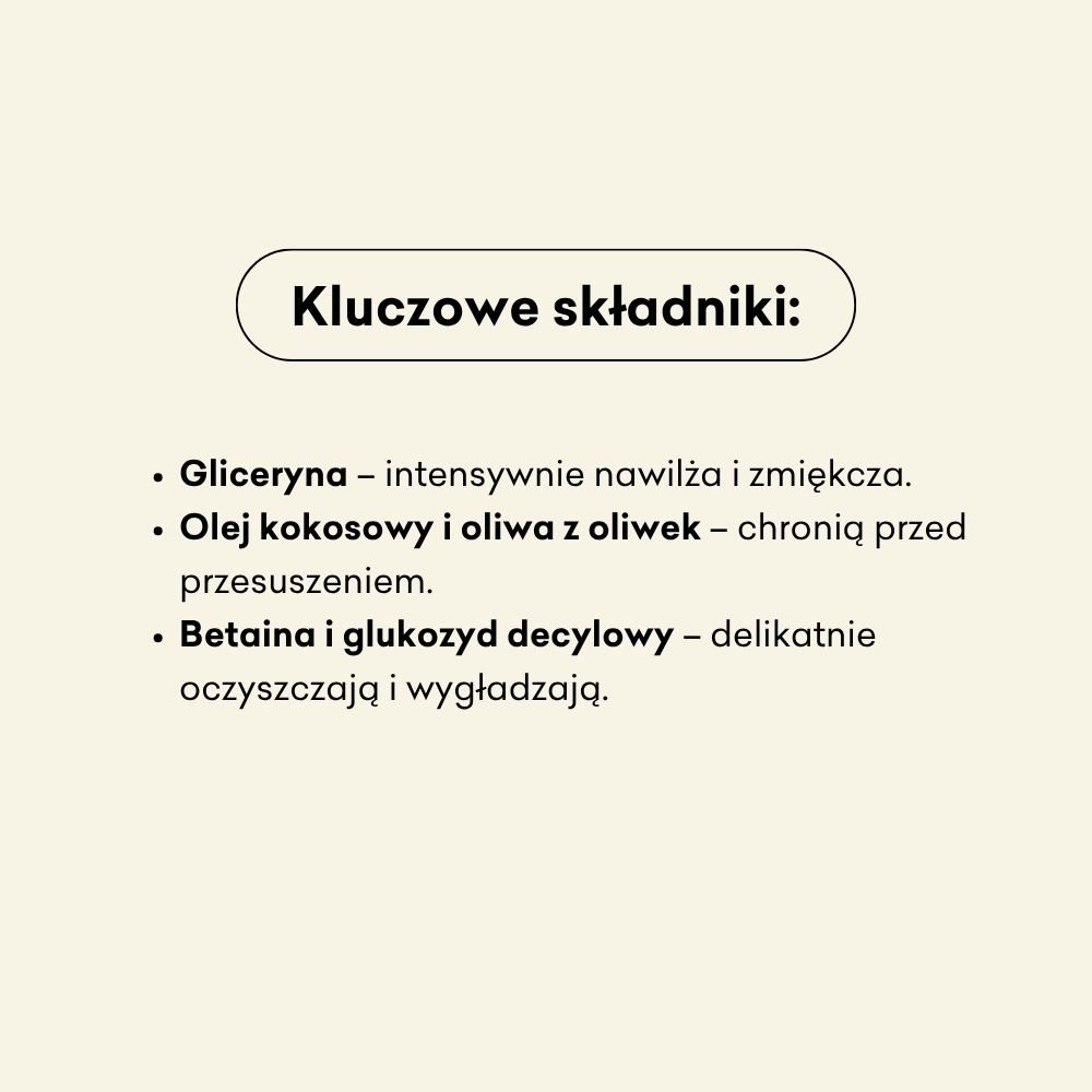 Lista kluczowych składników na jasnym tle, zawierająca glicerynę nawilżającą, oleje kokosowy i oliwkowy chroniące przed wysuszeniem oraz betainę z glukozydem decylowym dla delikatnego oczyszczenia i wygładzenia.