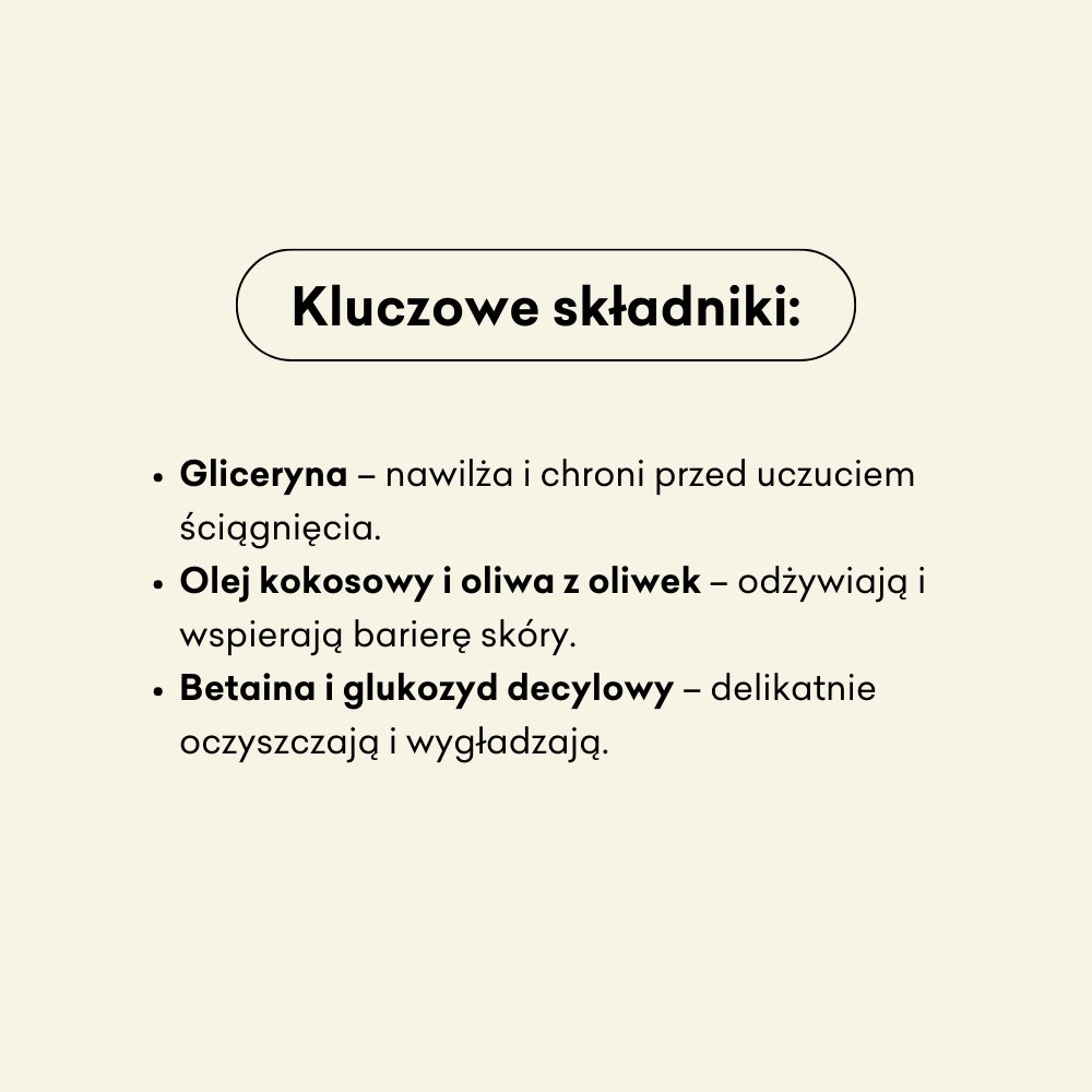 Korzenna Kola - naturalne mydło w płynie składniki: gliceryna, olej kokosowy, oliwa z oliwek, betaina i glukozyd decylowy.