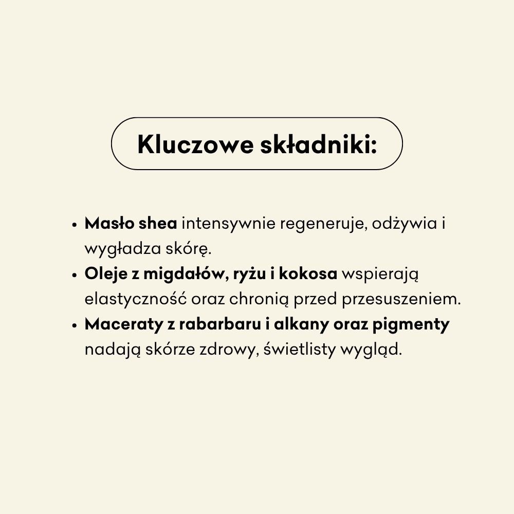Kluczowe składniki musu to masło shea, które intensywnie regeneruje, odżywia i wygładza skórę. 