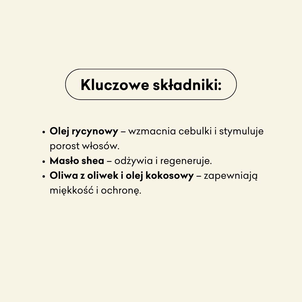 Naturalne mydło w kostce do włosów składniki: olej rycynowy, masło shea, oliwa z oliwek i olej kokosowy.