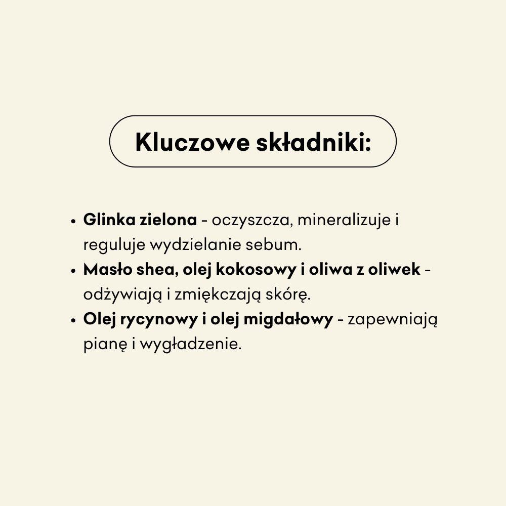 Eukaliptus Cytrynowy - naturalne mydło w kostce kluczowe składniki: glinka zielona, masło shea, olej kokosowy, oliwa z oliwek, olej rycynowy i olej migdałowy.