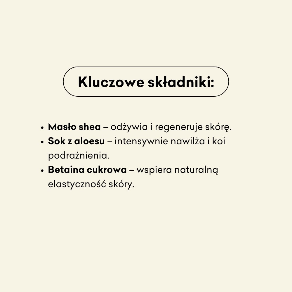 Beżowa grafika z pogrubionym tekstem Kluczowe składniki: a następnie wypunktowana lista: masło shea, sok z aloesu i betaina cukrowa, każdy opisany jako korzystny dla odżywienia i elastyczności skóry.