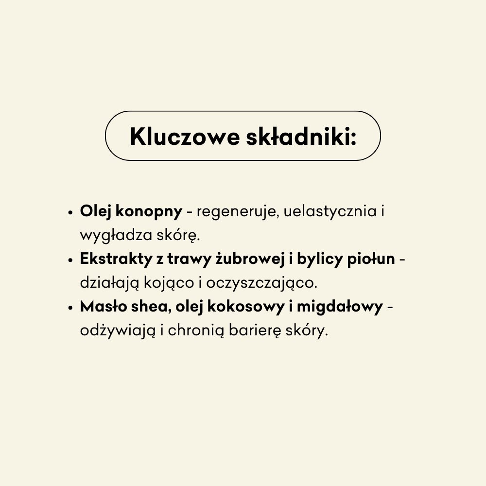 Kluczowe składniki mydła to olej konopny, ekstrakt z trawy żubrowej i masło shea.