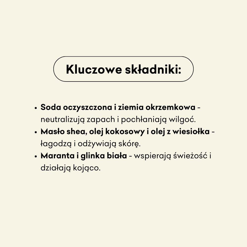 Naturalny dezodorant w kremie cytrusowo-ziołowy infografika kluczowe składniki: soda oczyszczona, ziemia okrzemkowa, masło shea, olej kokosowy, olej z wiesiołka,  maranta i glinka biała.