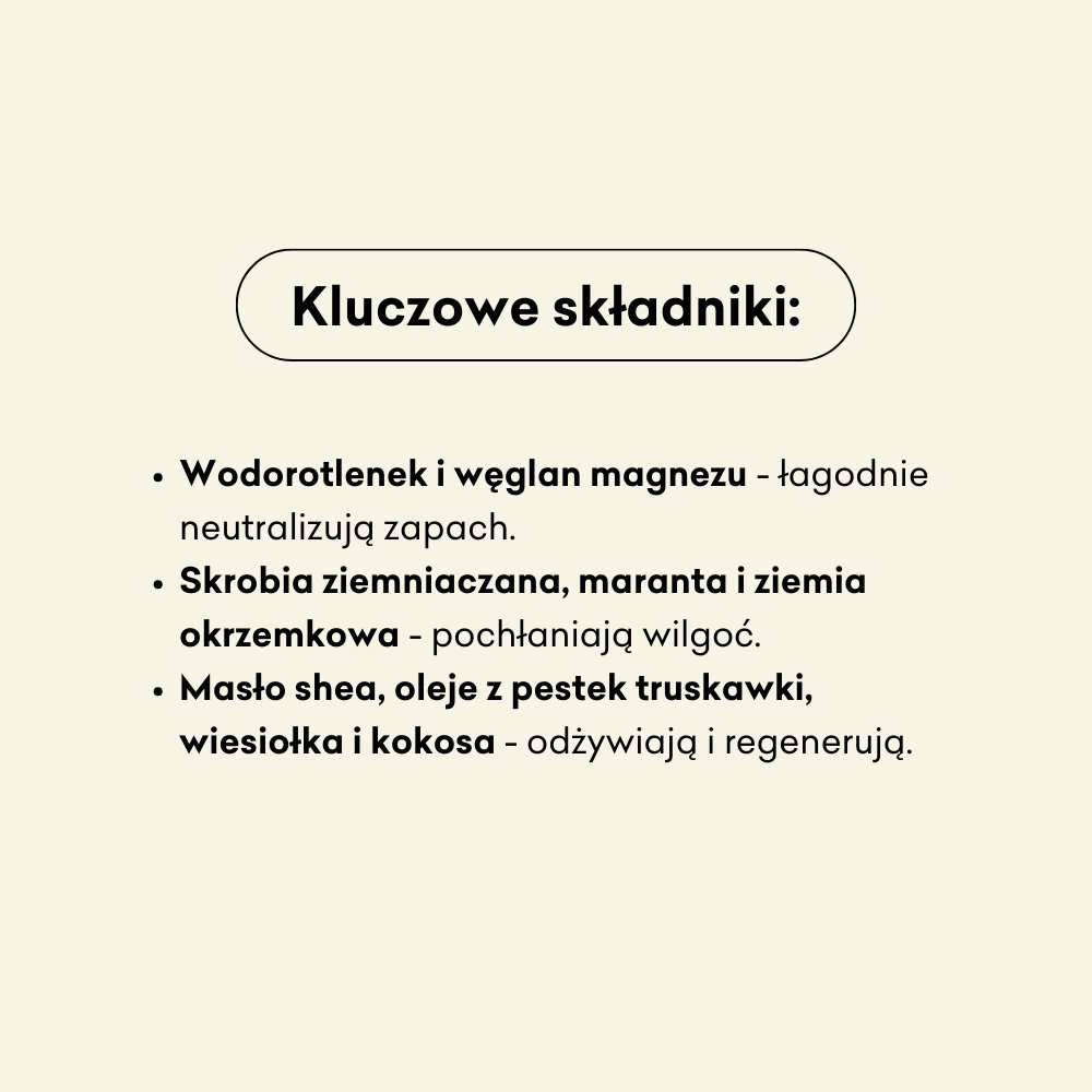 Naturalny dezodorant w kremie Truskawka i Werbena bez dodatku sody: wodorotlenek i węglan magnezu, skrobia ziemniaczana, maranta i ziemia okrzemkowa, masło shea, olej z pestek truskawki, wiesiołka i kokosa.