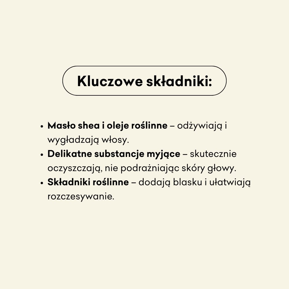 Włosopak duet infografika kluczowe składniki: masżło shea i oleje roślinne, delikatne substancje myjące, składniki roślinne