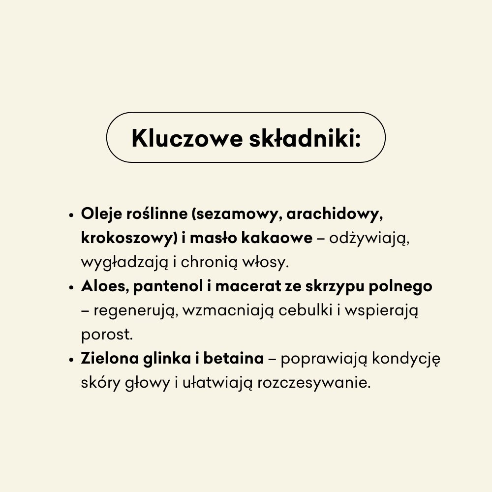 Odżywka do włosów w kostce składniki: oleje roślinne, aloes, pantenol, macerat ze skrzypu polnego, zielona glinka, betaina.