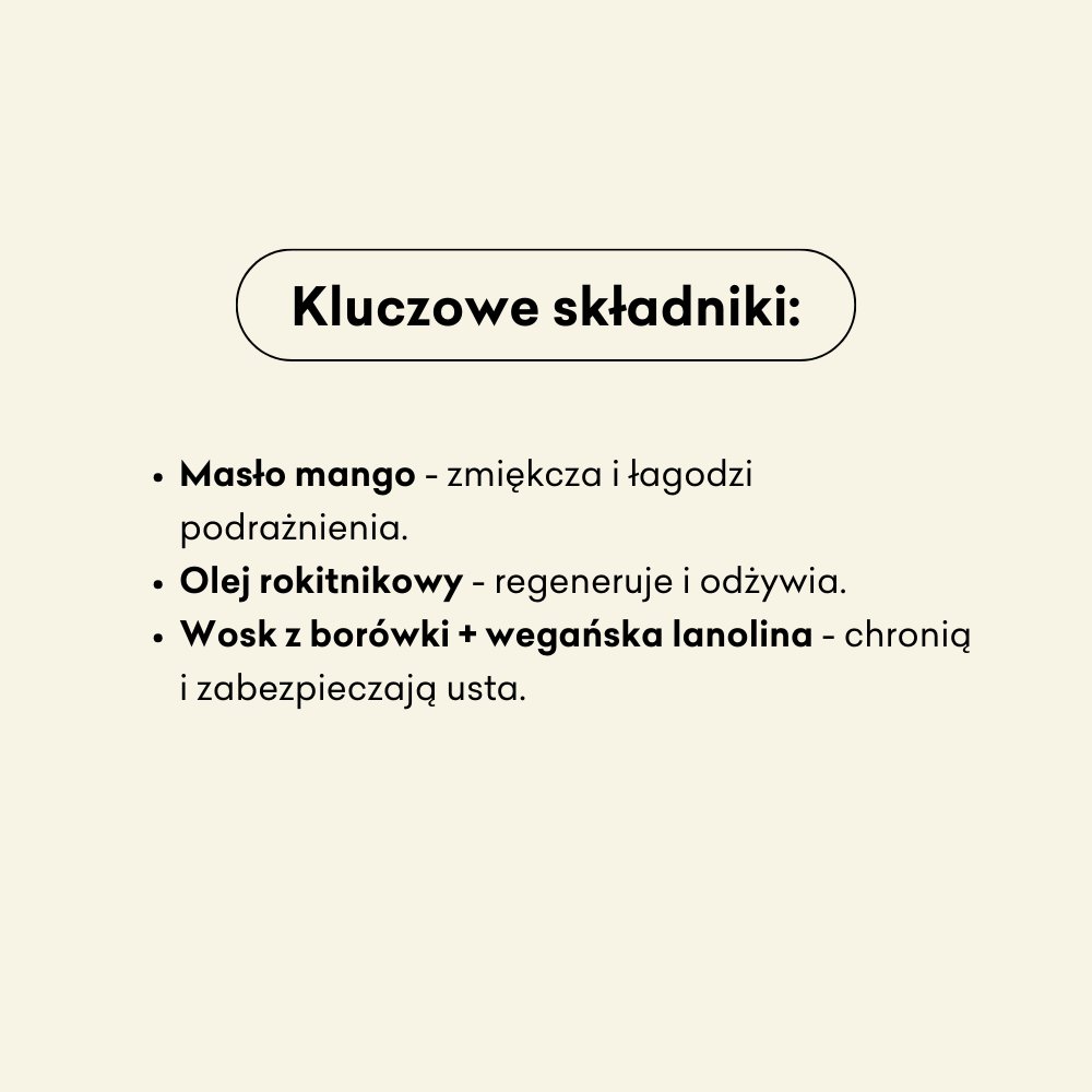 Gorzka Pomarańcza - balsam do ust: masło mango, olej rokitnikowy, wosk z borówki i wegańska lanolina.