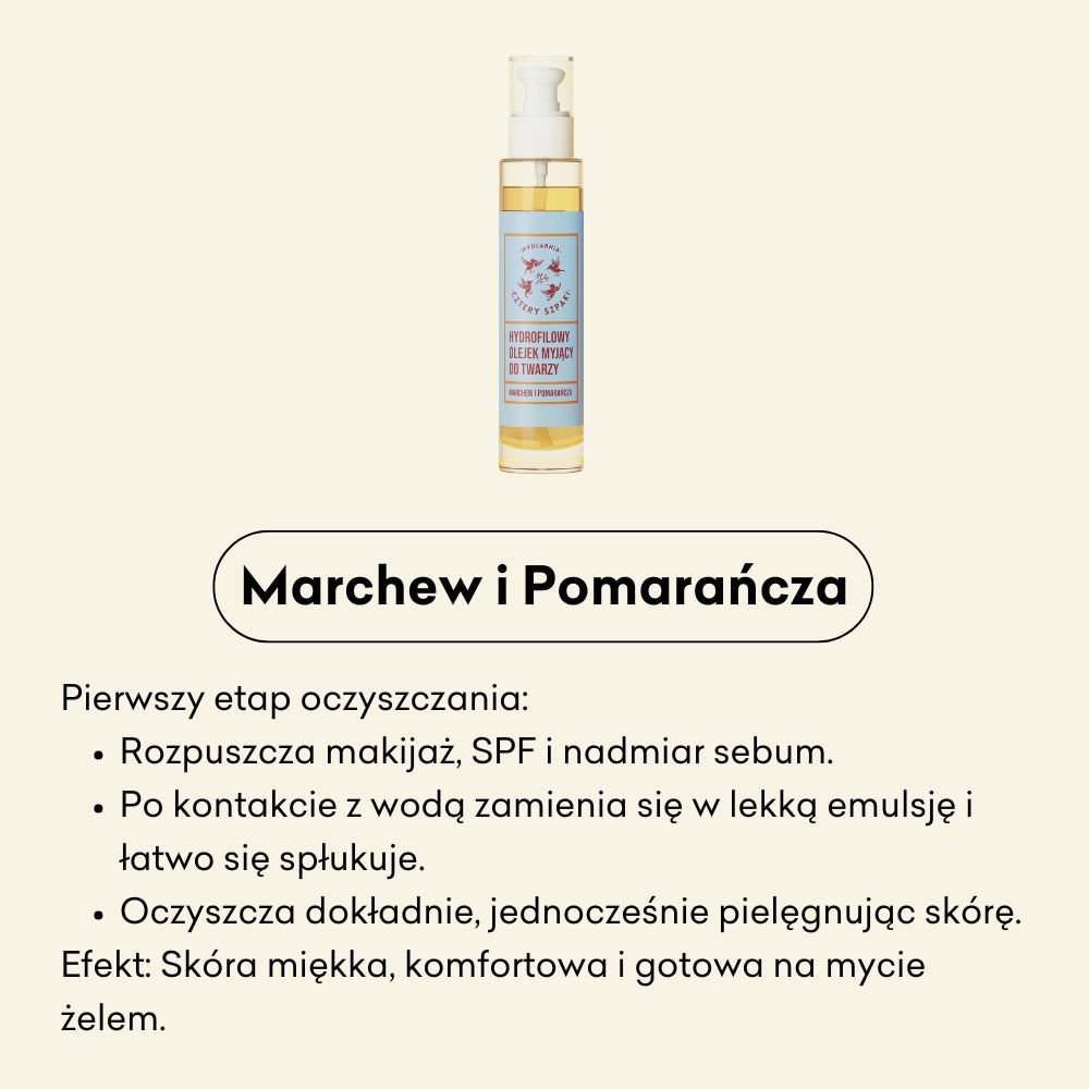 Olejek myjący Marchew i Pomarańcza rozpuszcza makijaż, SPF i nadmiar sebum. Po kontakcie z wodą zamienia się w lekką emulsję i łatwo się spłukuje. 