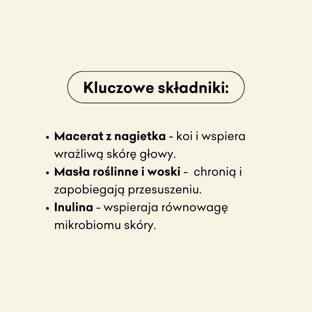 Kluczowe składniki szamponu w kostce Miś to macerat z nagietka oraz inulina, które wspierają wrażliwą skórę głowy. 