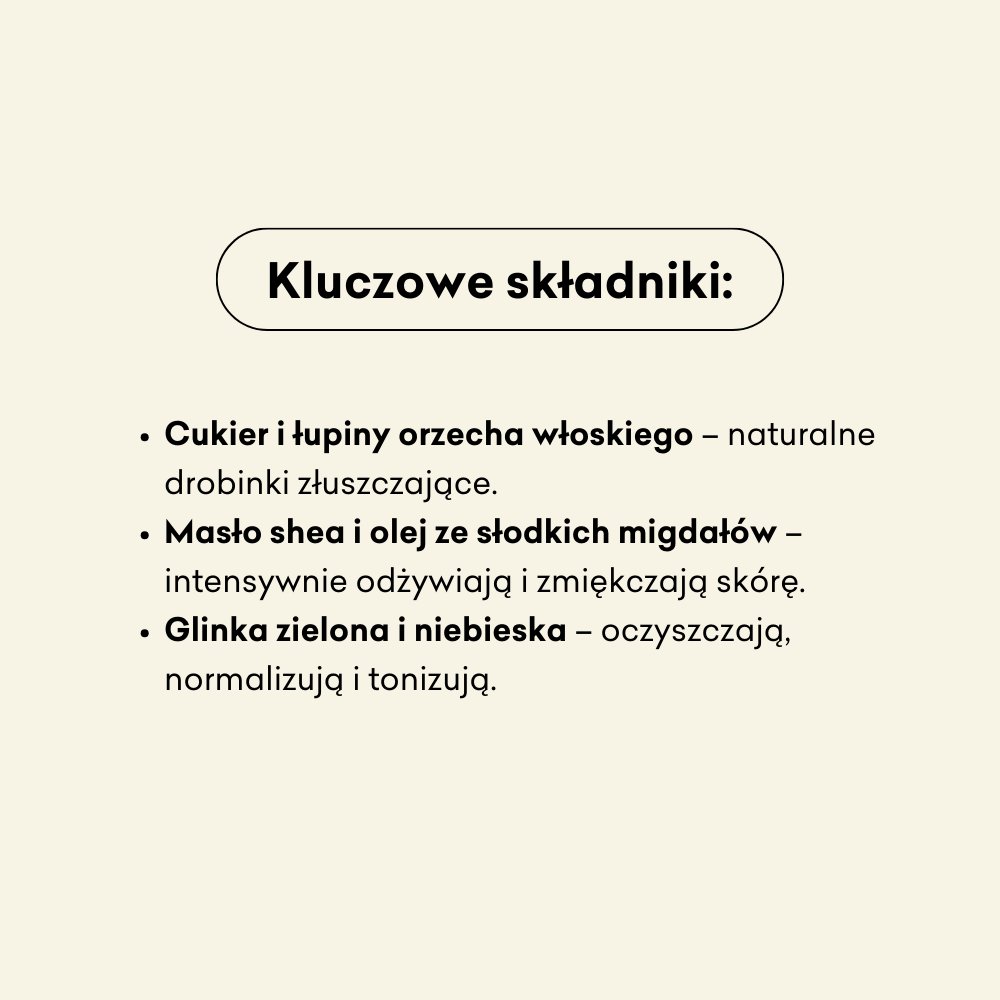Eukaliptus Cytrynowy - peeling cukrowy, składniki: cukier, łupiny z orzecha włoskiego, masło shea, olej ze słodkich migdałów, glinka zielona i niebieska.