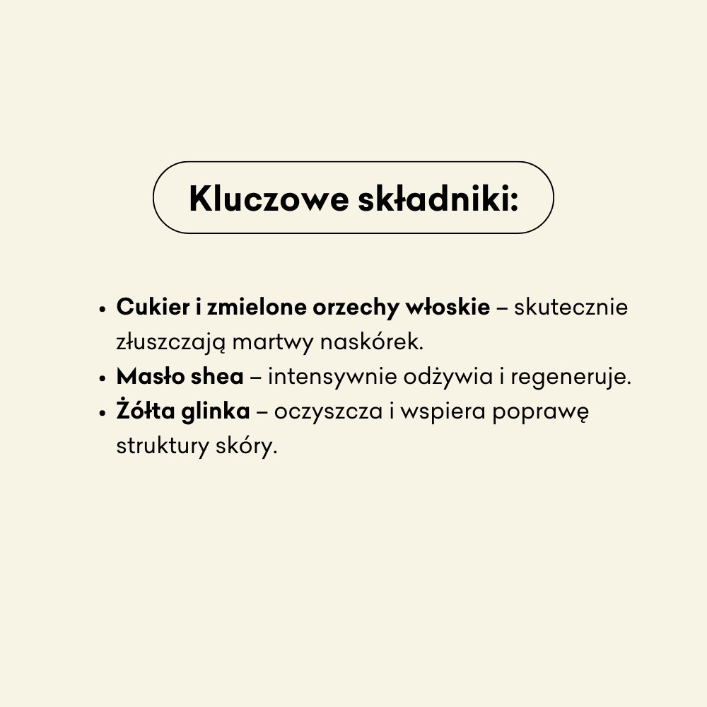 Świerk i Cynamon - peeling cukrowy składniki: cukier, zmielone orzechy włoskie, masło shea, żółta glinka.
