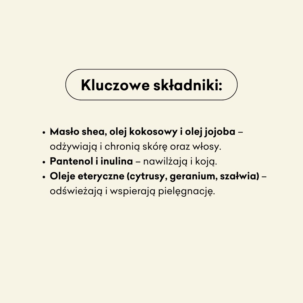 Travel Set aka Podróż Zestaw kluczowe składniki: masło shea, olej kokosowy, jojoba, pantenol, inulina, oleje eteryczne.