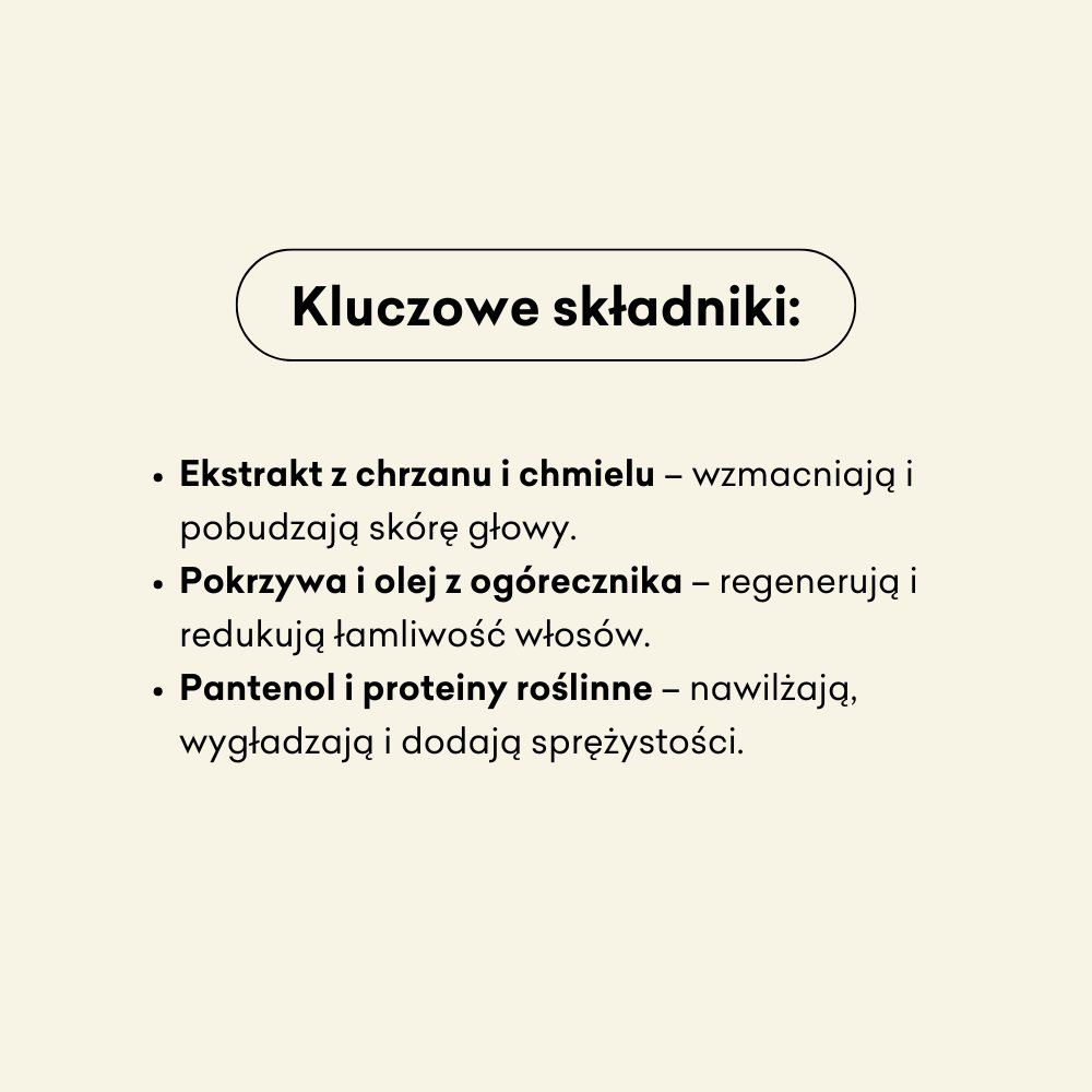 Włosopak wygładzający składniki: ekstrakt z chrzanu, chmielu, pokrzywa i olej z ogórecznika, pantenol i proteiny roślinne.