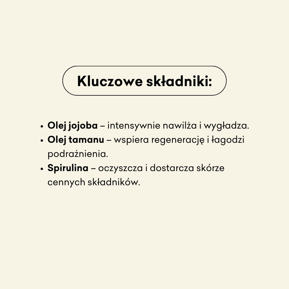 Kluczowe składniki półkuli Oranżada to olej jojoba, olej tamanu i spirulina.