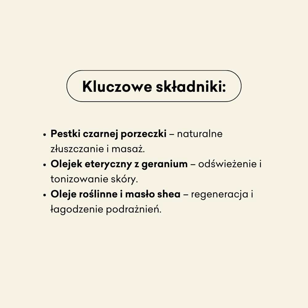 Mydło naturalne z peelingiem z pestek porzeczki, olejku eterycznego z geranium, olejów roślinnych i masła shea.