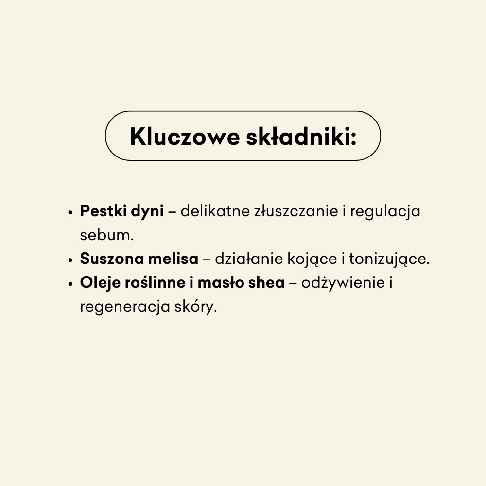 Kluczowe składniki mydła Melisa i Dynia to pestki dyni, suszona melisa i oleje roślinne.