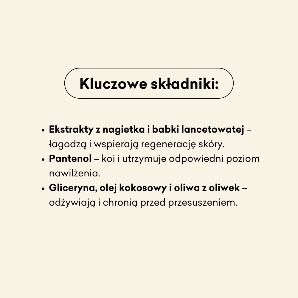 Kluczowe składniki mydła Bombelek to pantenol, ekstrakt z nagietka i babki lancetowatej.