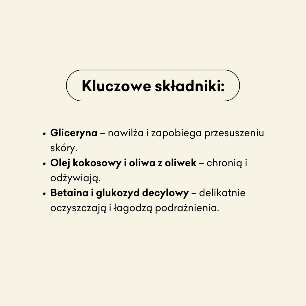 Hipoalergiczne - Refill Pack - naturalne mydło w płynie, składniki: gliceryna, olej kokosowy i oliwa z oliwek, betaina, glukozyd decylowy.