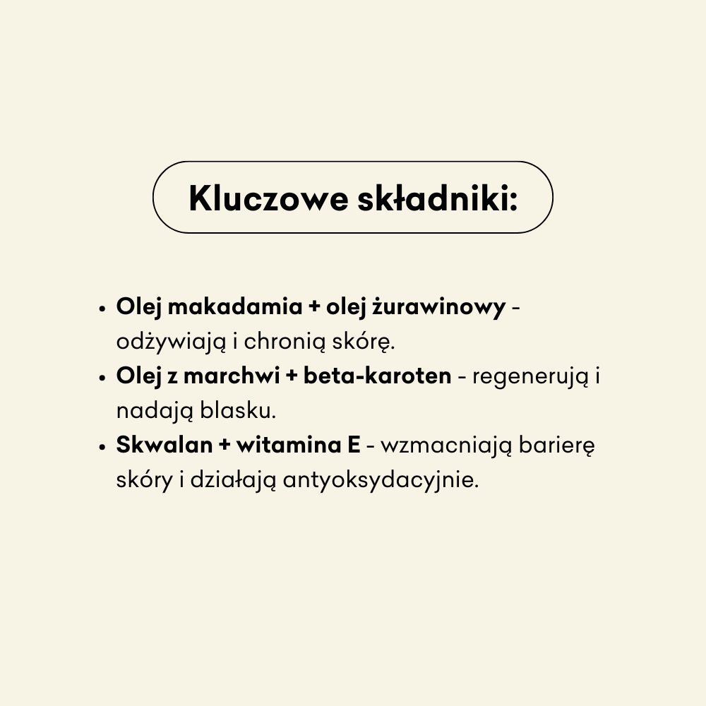 Hydrofilowy olejek myjący do twarzy Marchew i Pomarańcza infografika kluczowe składniki: olejek makadamia, olej żurawinowy, olej z marchwi, beta-karoten, skwalan, witamina e.