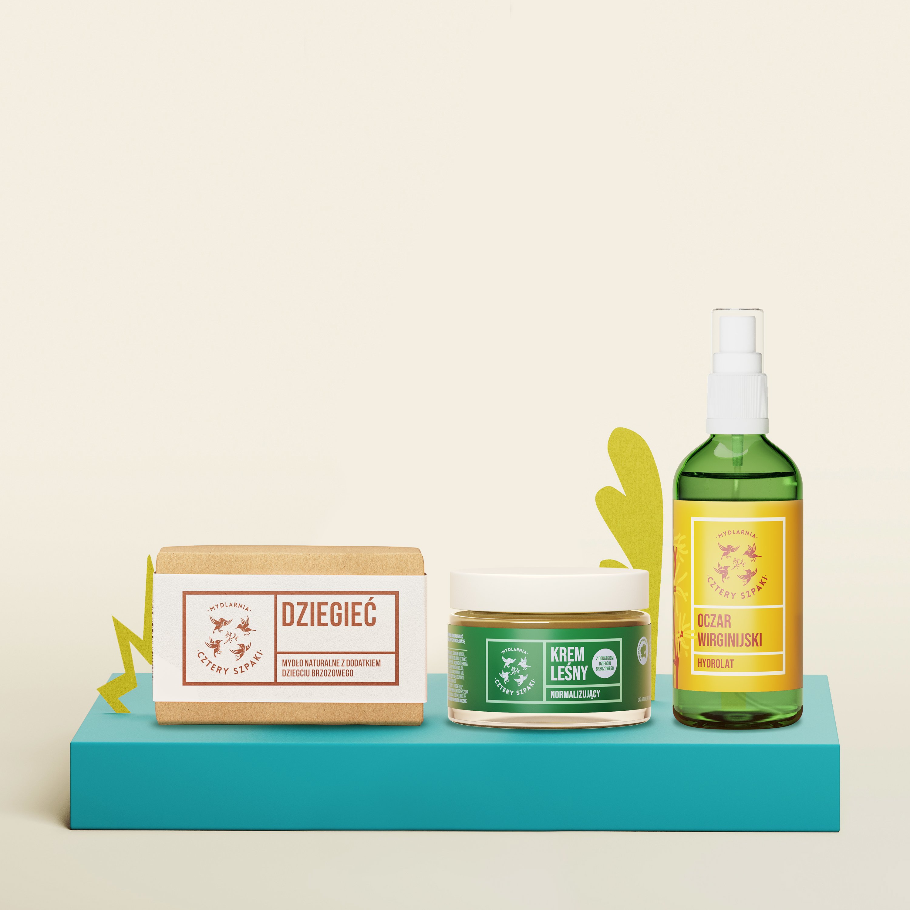 Zestaw do skóry problematycznej: mydło w kostce Dziegieć, krem  do twarzy Leśny, hydrolat Oczar Wirginijski.