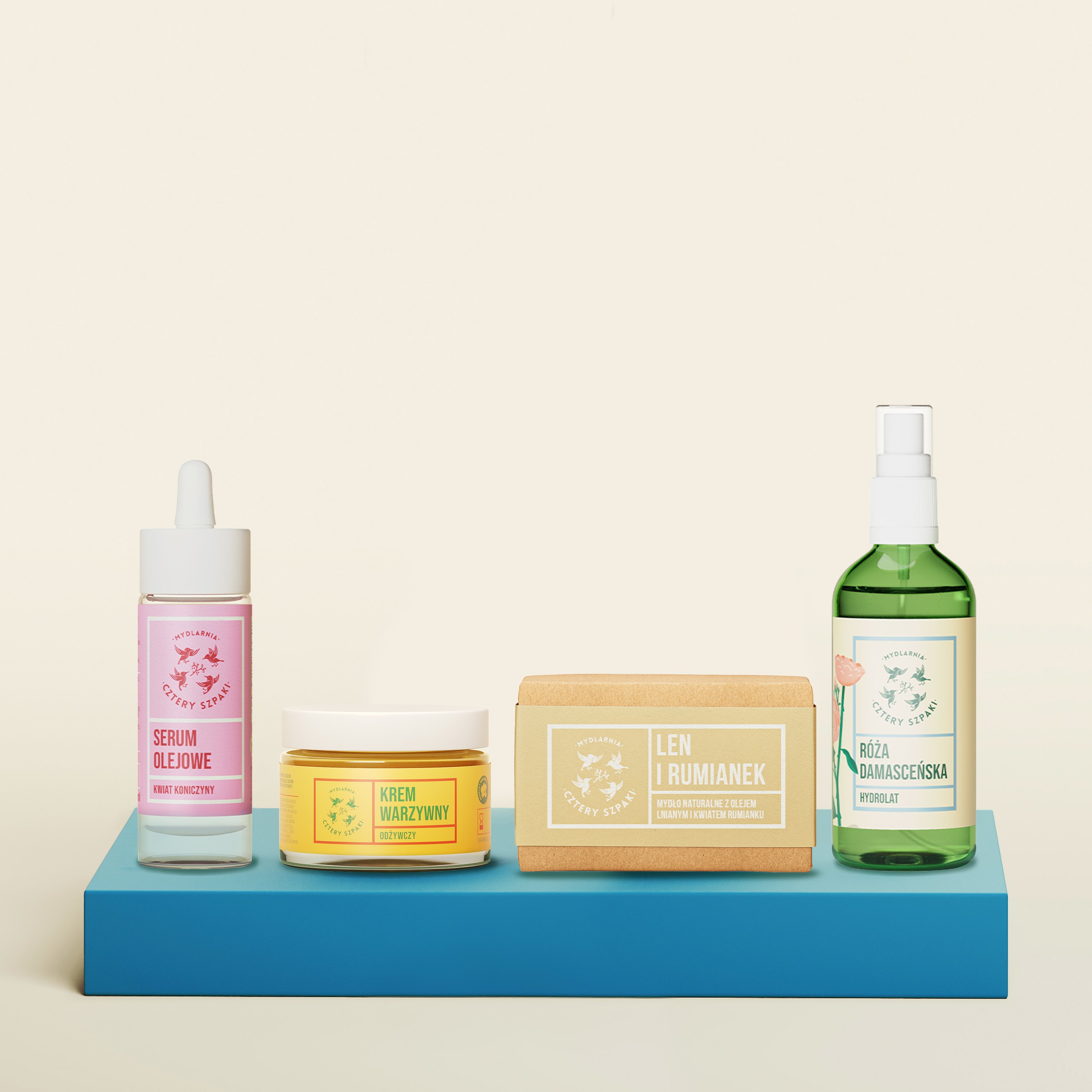 Zestaw do pielęgnacji twarzy: regenerujący. Serum olejowe Kwiat Koniczyny, krem odżywczy Warzywny, mydło w kostce Len i Rumianek oraz hydrolat. 