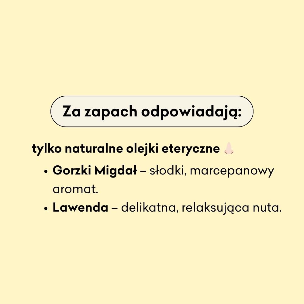 Infografika dotycząca olejków eterycznych, które odpowiadają za zapach produktu. Gorzki migdał i lawenda. 
