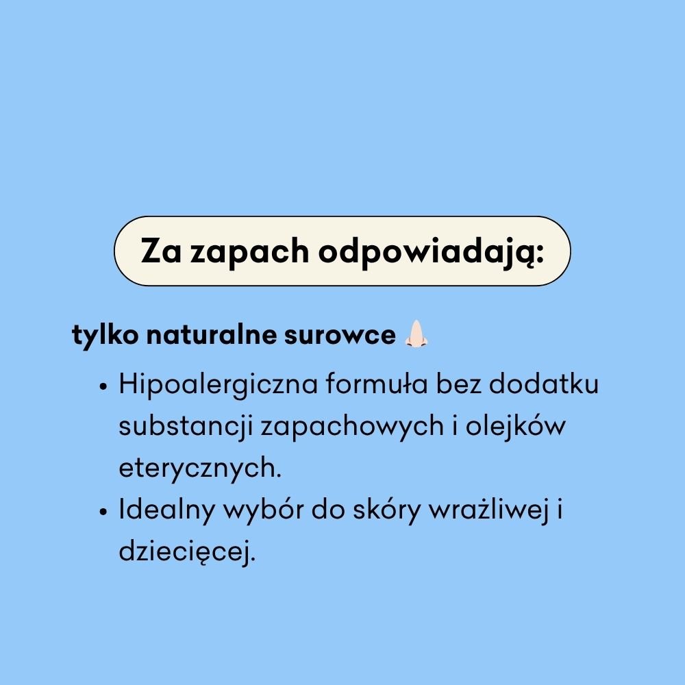 Obrazek zawiera tekst na niebieskim tle, podkreślający, że zapach pochodzi wyłącznie z naturalnych składników. Wspomina o hipoalergicznej formule bez dodatku substancji zapachowych i olejków eterycznych, idealnej dla skóry wrażliwej i dziecięcej.