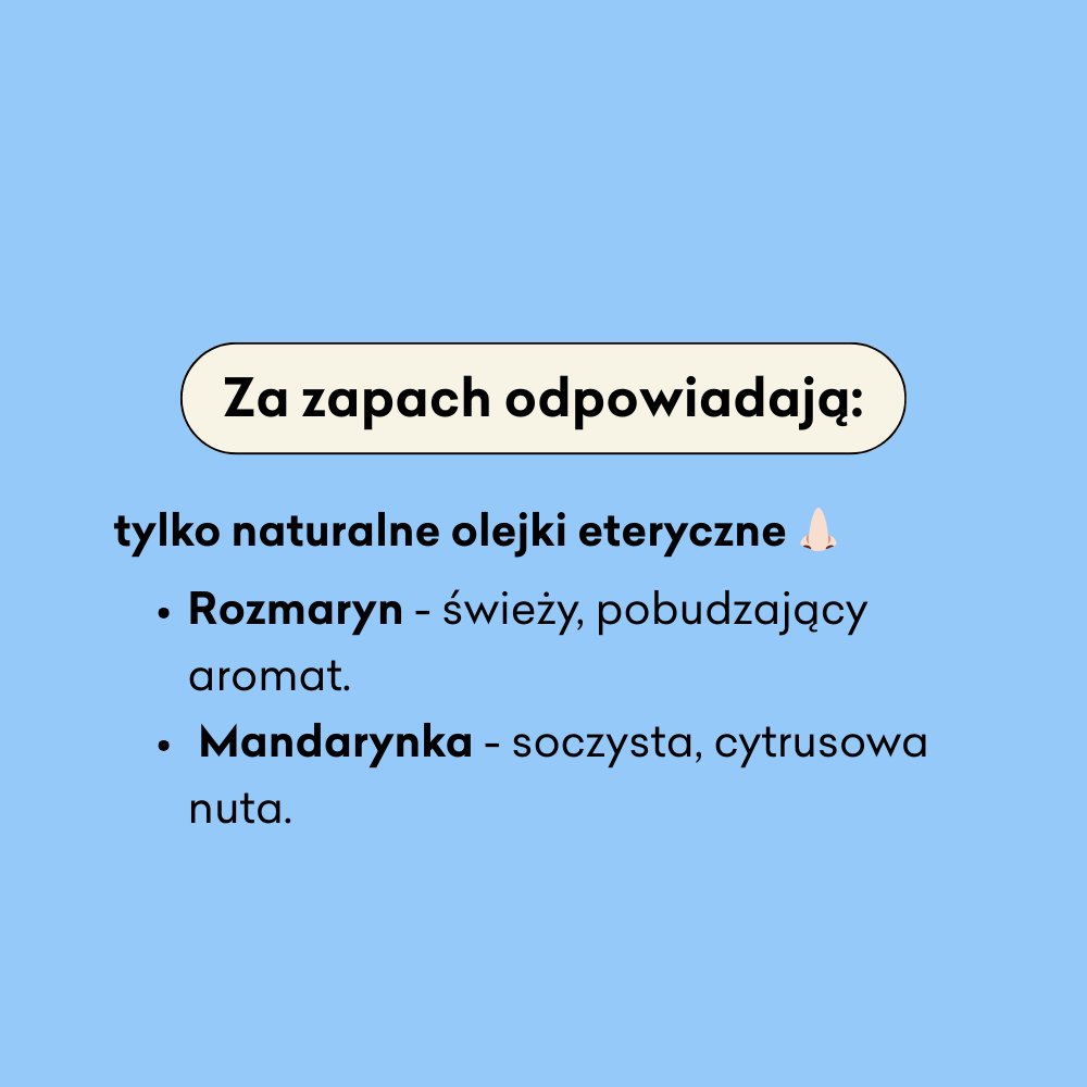 Obrazek ma jasnoniebieskie tło z tekstem w języku polskim opisującym zapachy. Podkreśla naturalne olejki eteryczne z rozmarynem dla świeżego, orzeźwiającego aromatu i mandarynką dla soczystej, cytrusowej nuty.