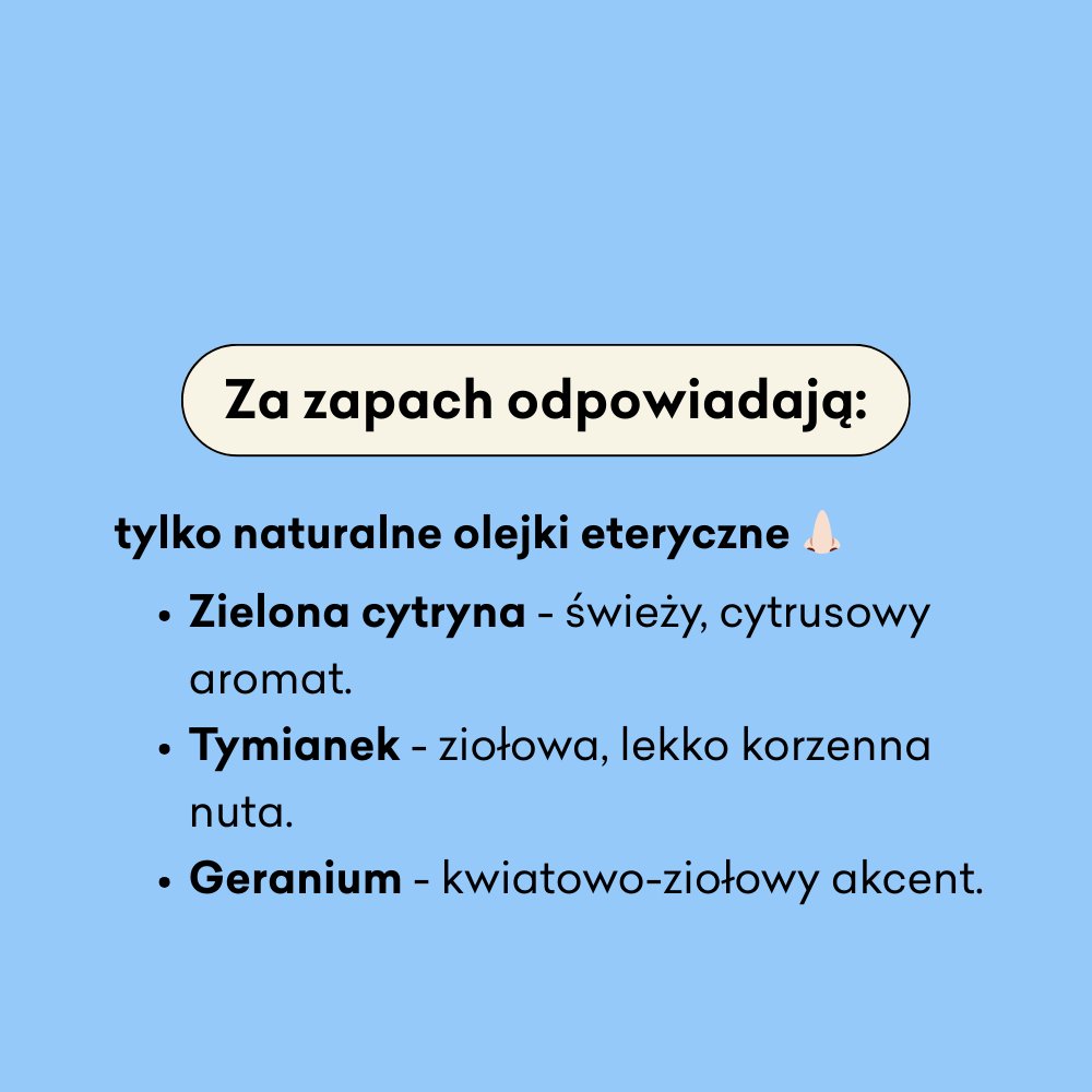 Za zapach mydła odpowiadają naturalne olejki eteryczne: zielona cytryna, tymianek i geranium. 