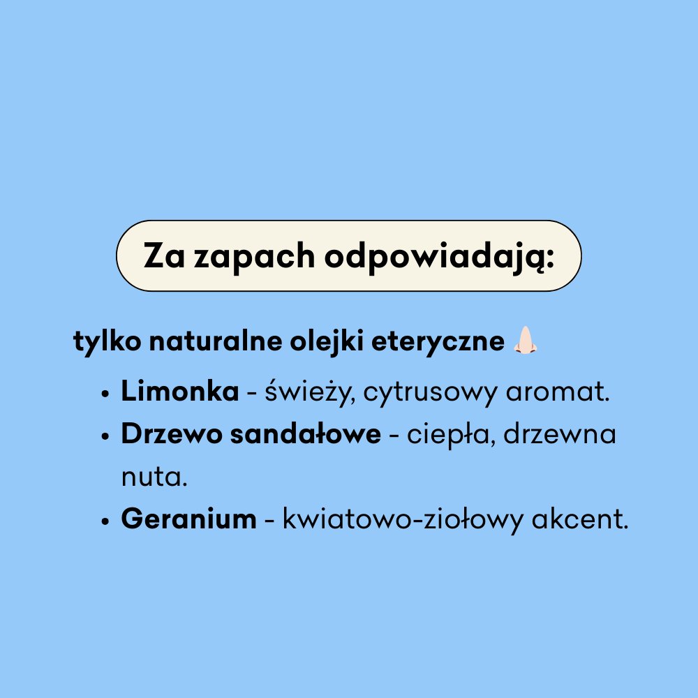 Za zapach mydła Owocowego odpowiadają olejki eteryczne: limonka, drzewo sandałowe i geranium.