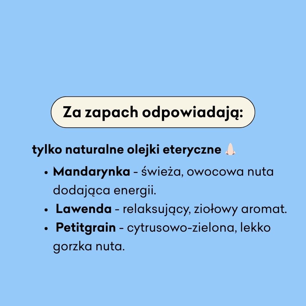 Obrazek na jasnoniebieskim tle przedstawia listę naturalnych olejków eterycznych odpowiedzialnych za zapach. W jego skład wchodzą: Mandarynka – świeża, owocowa i energetyzująca; Lawenda – relaksująca i ziołowa; Petitgrain - cytrusowo-zielony z lekko gorzk